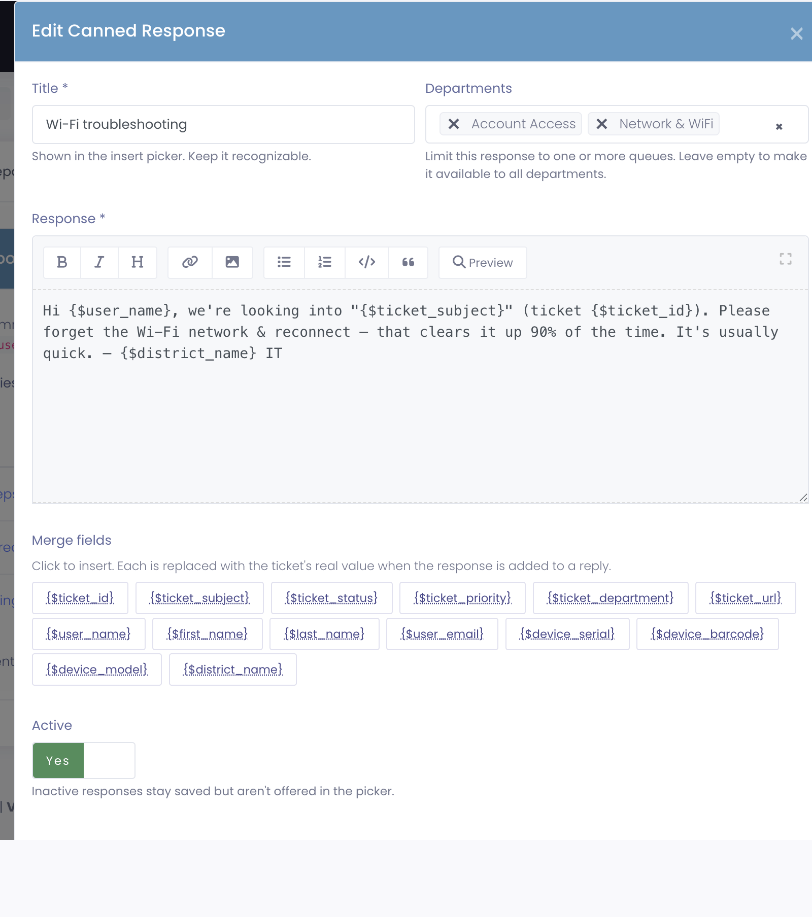 The canned response editor with title, departments, formatted body, and merge fields