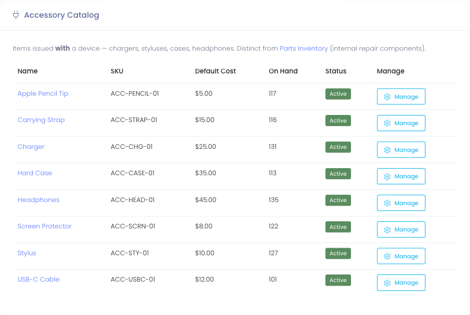 Settings → Accessory Catalog list with on-hand totals