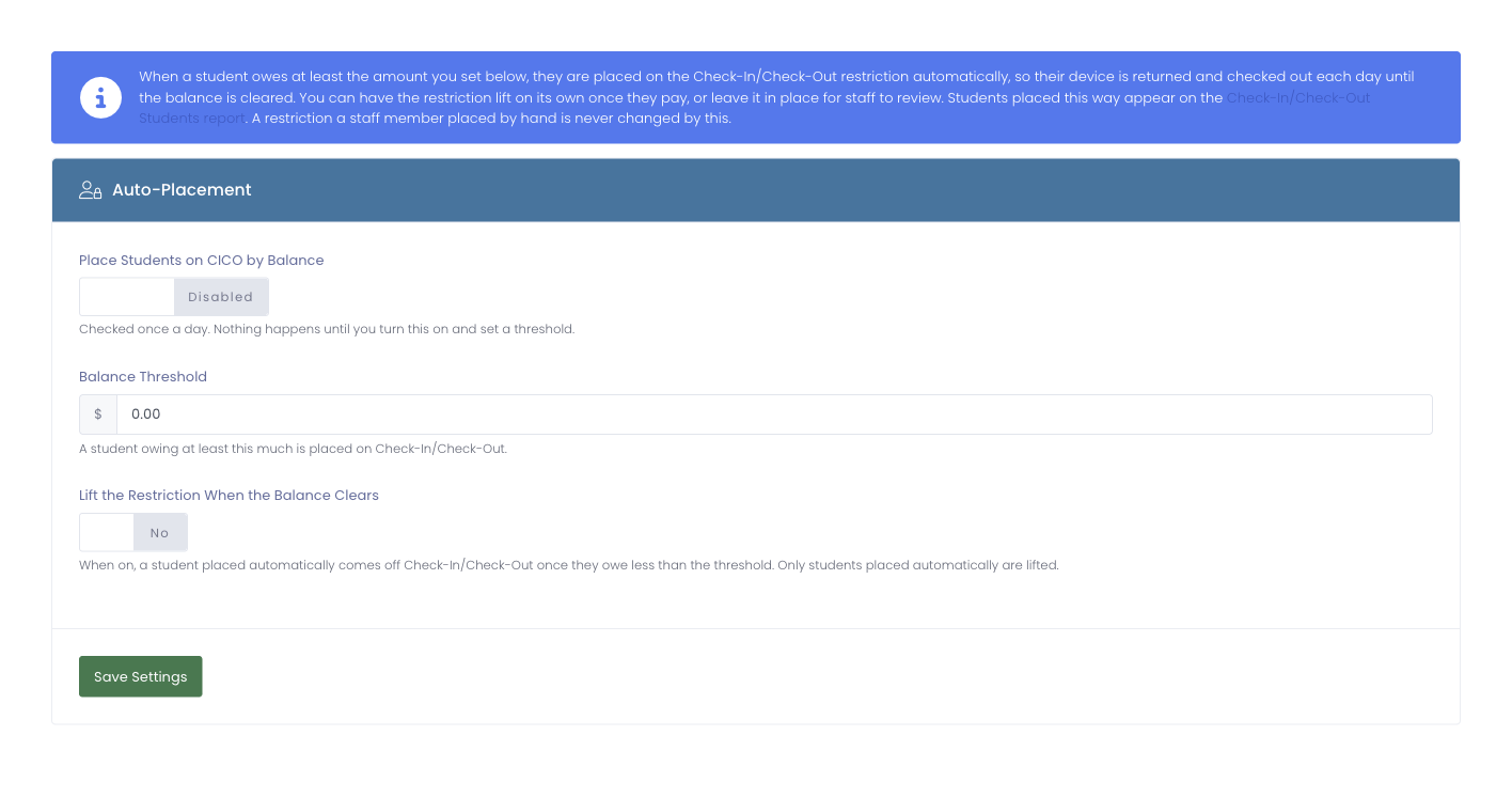 The Check-In/Check-Out Auto-Placement settings page