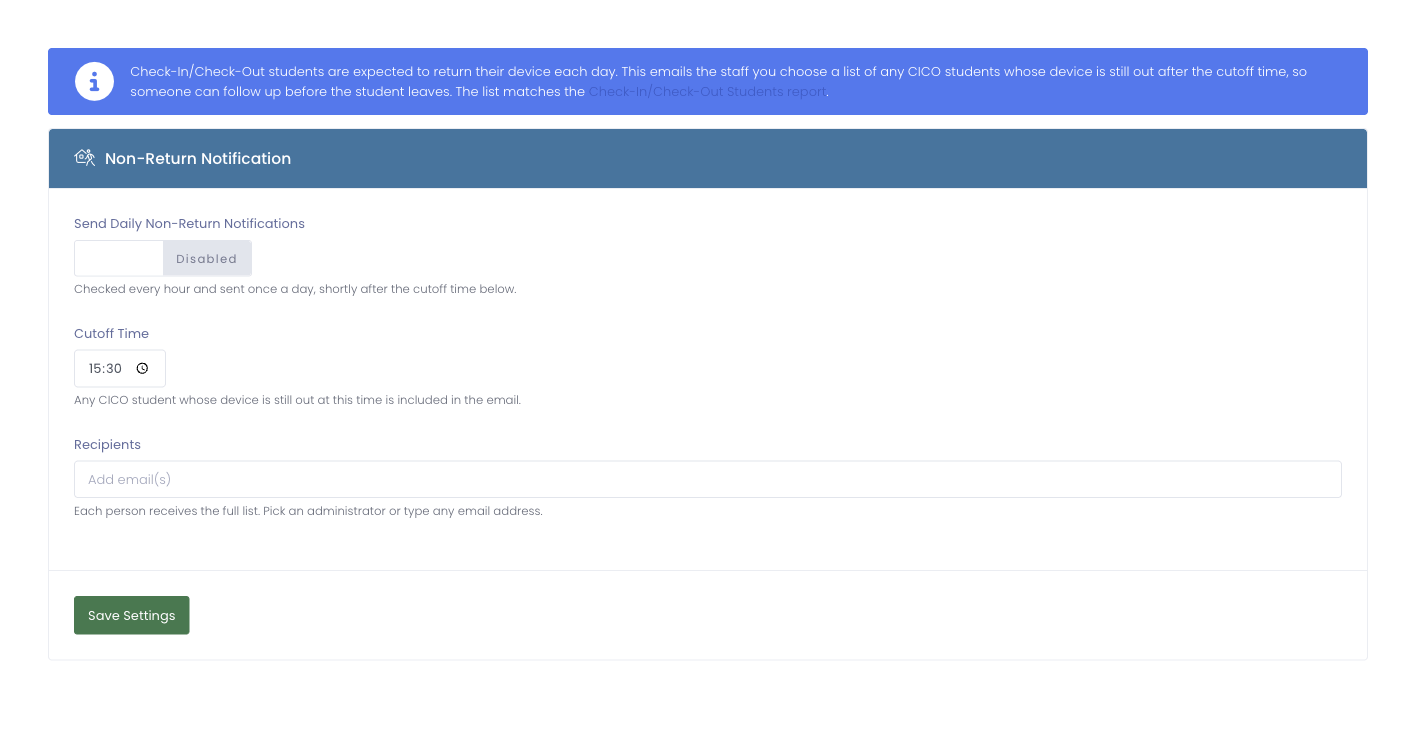 The Check-In/Check-Out Notifications settings page