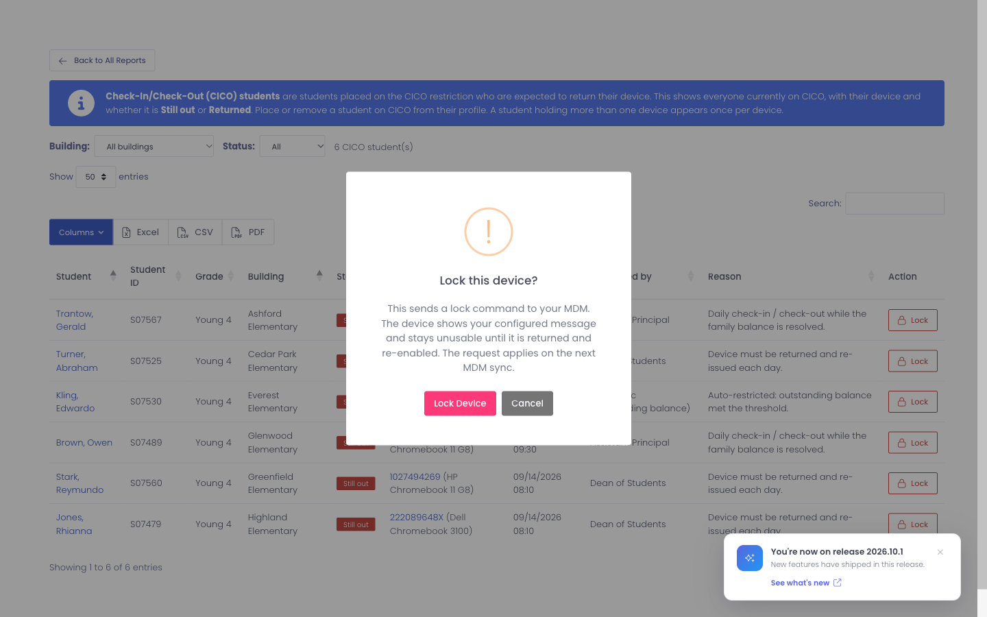 Confirming a device lock from the report
