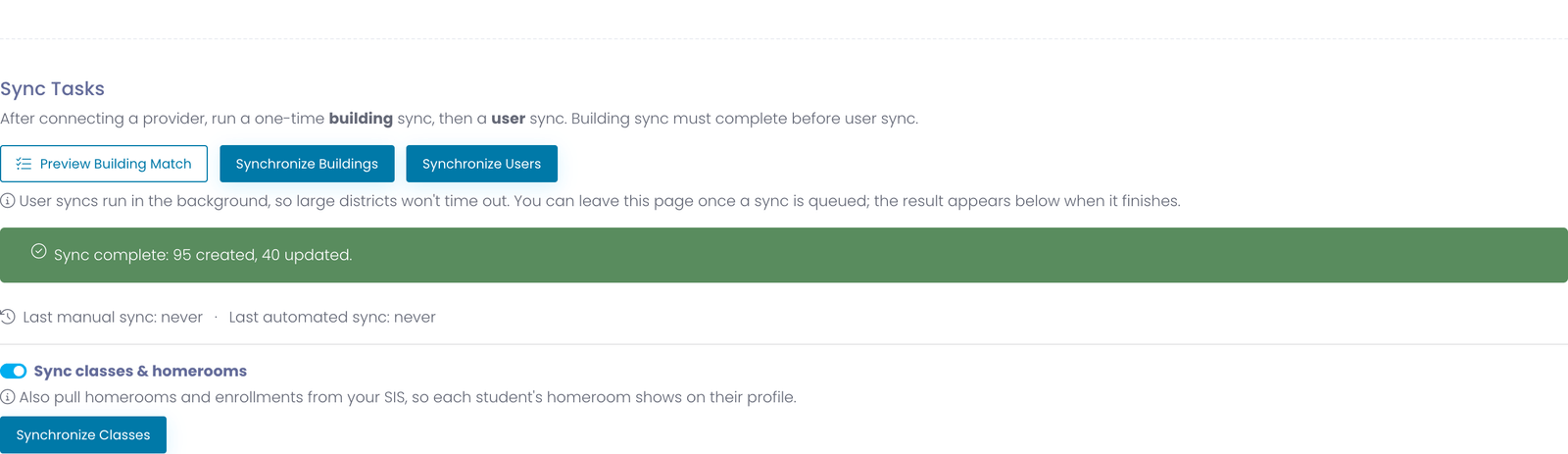 The Sync classes and homerooms toggle and the Synchronize Classes button