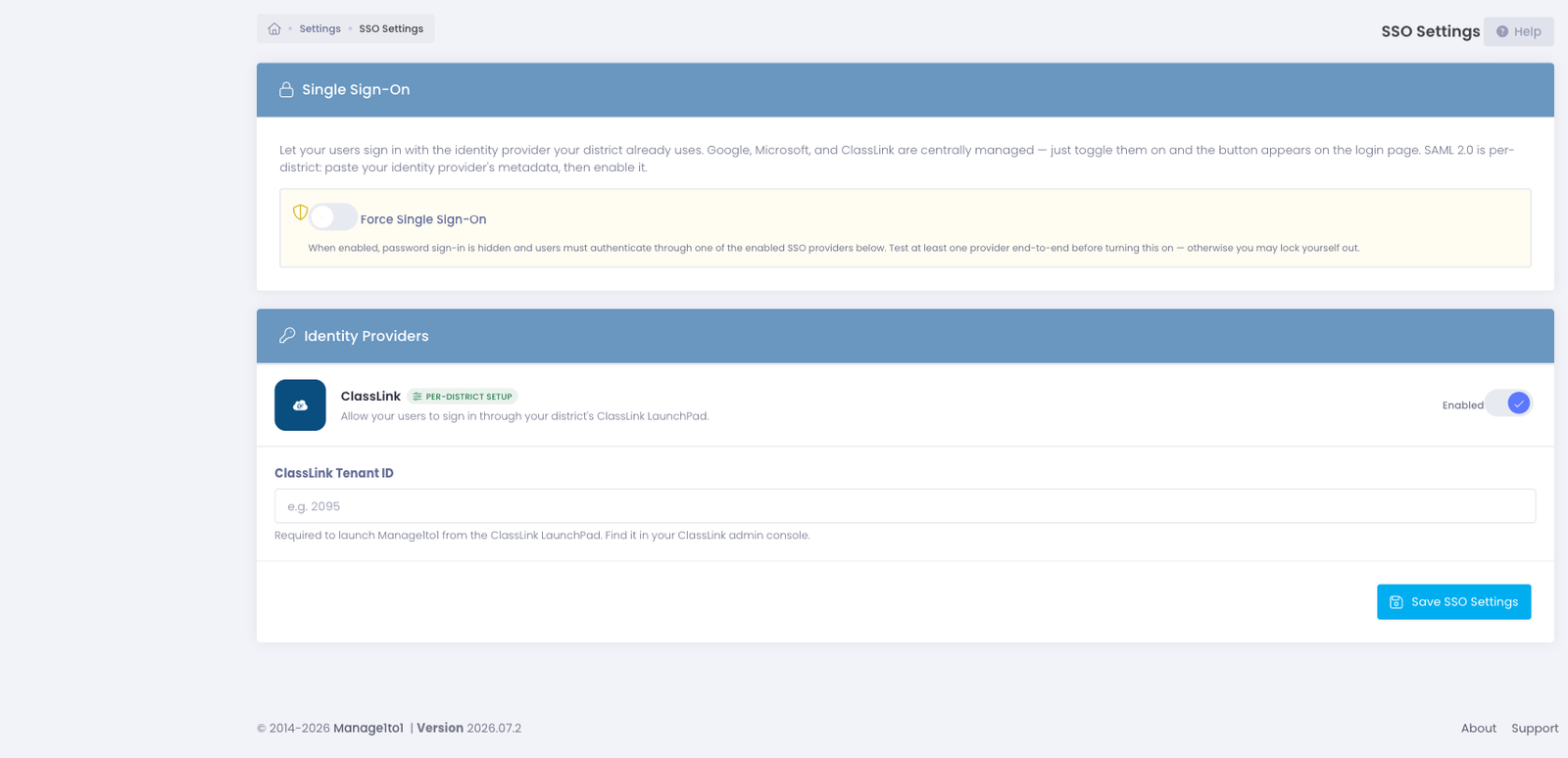 The ClassLink card in SSO Settings with the ClassLink Tenant ID field