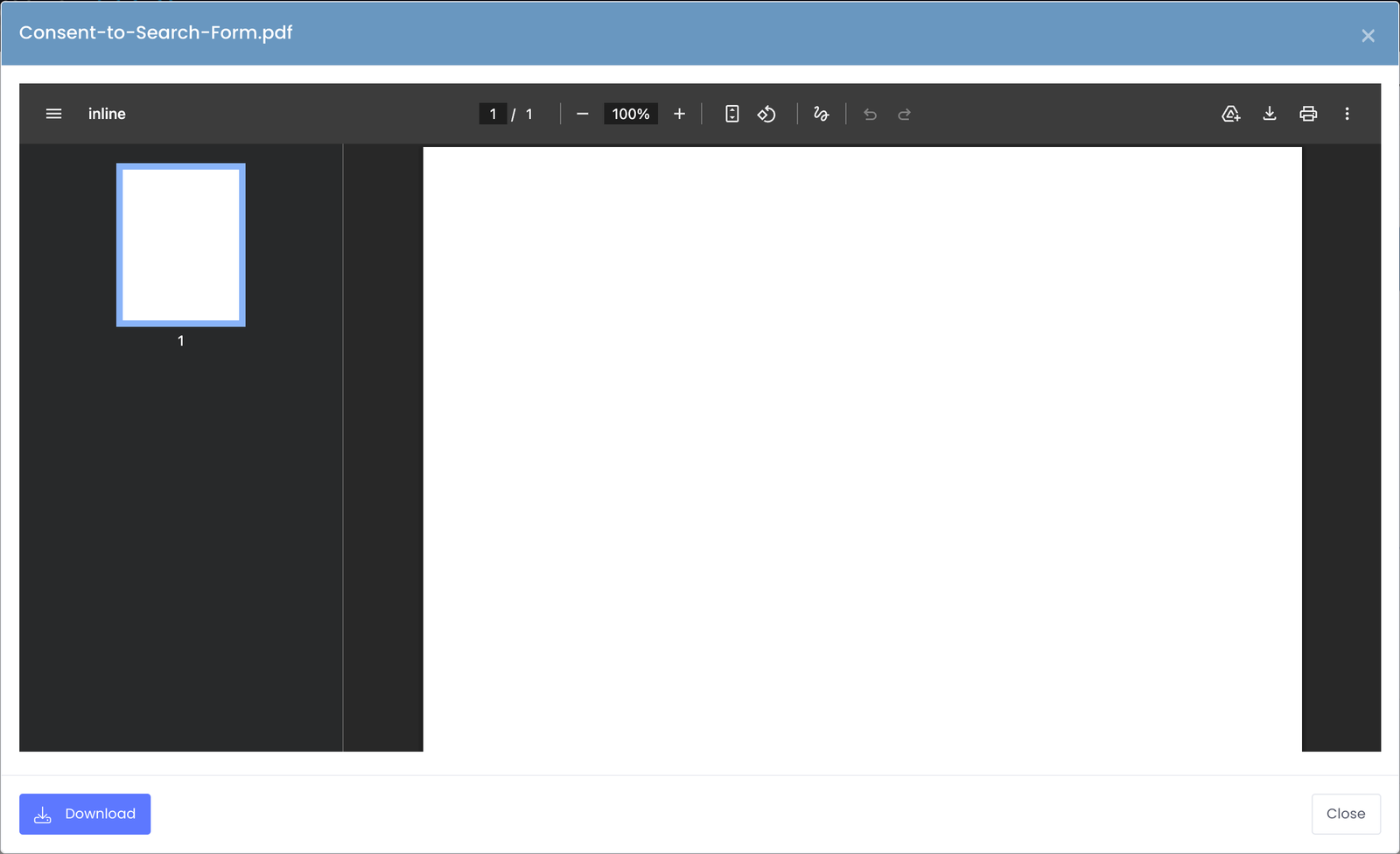 The document preview window showing a PDF opened in place, with a Download button in the lower left and a Close button in the lower right