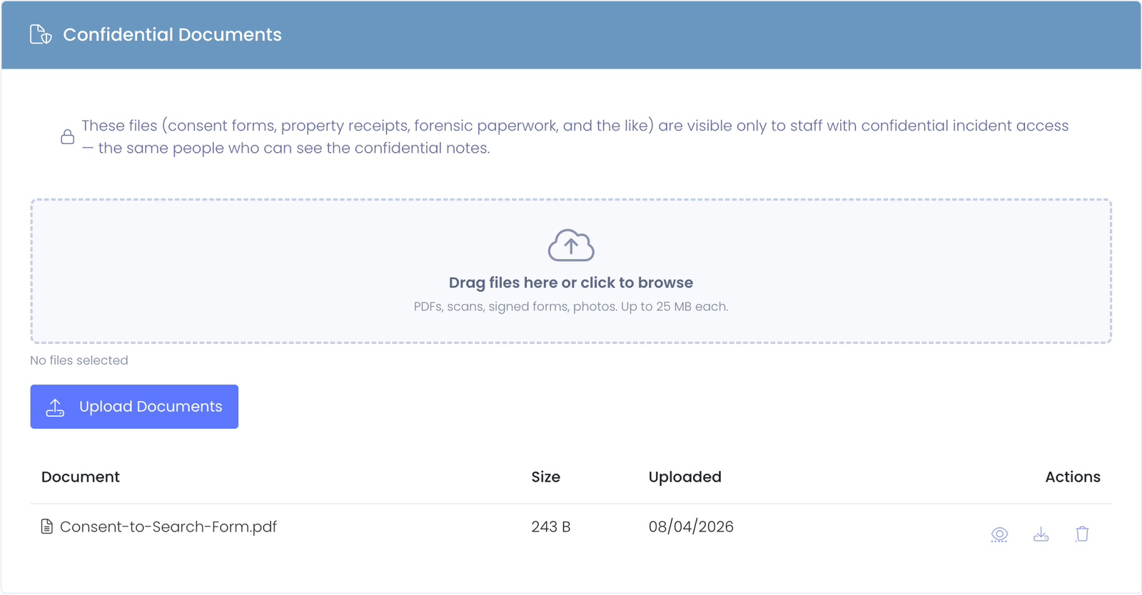 The Confidential Documents tab, showing the visibility note, the drag-and-drop upload area, an Upload Documents button, and an uploaded document row with preview, download, and remove actions