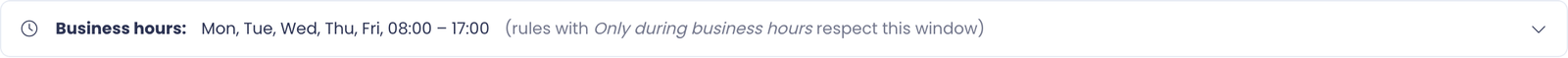 Collapsed Business hours card showing Mon-Fri 08:00 to 17:00 summary