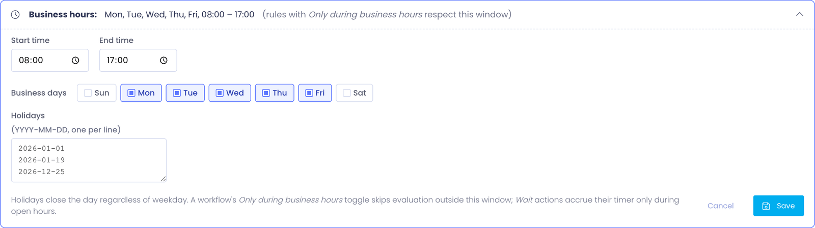 Expanded Business hours card showing time inputs, day-of-week checkboxes, and holiday textarea