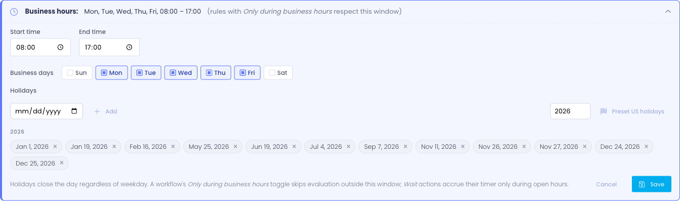 Expanded Business hours card showing time inputs, day-of-week checkboxes, and the holiday date picker with date chips