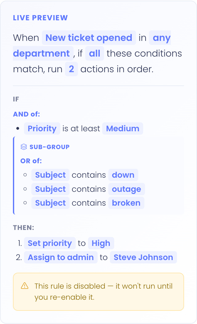 Live Preview card showing the rule summary sentence