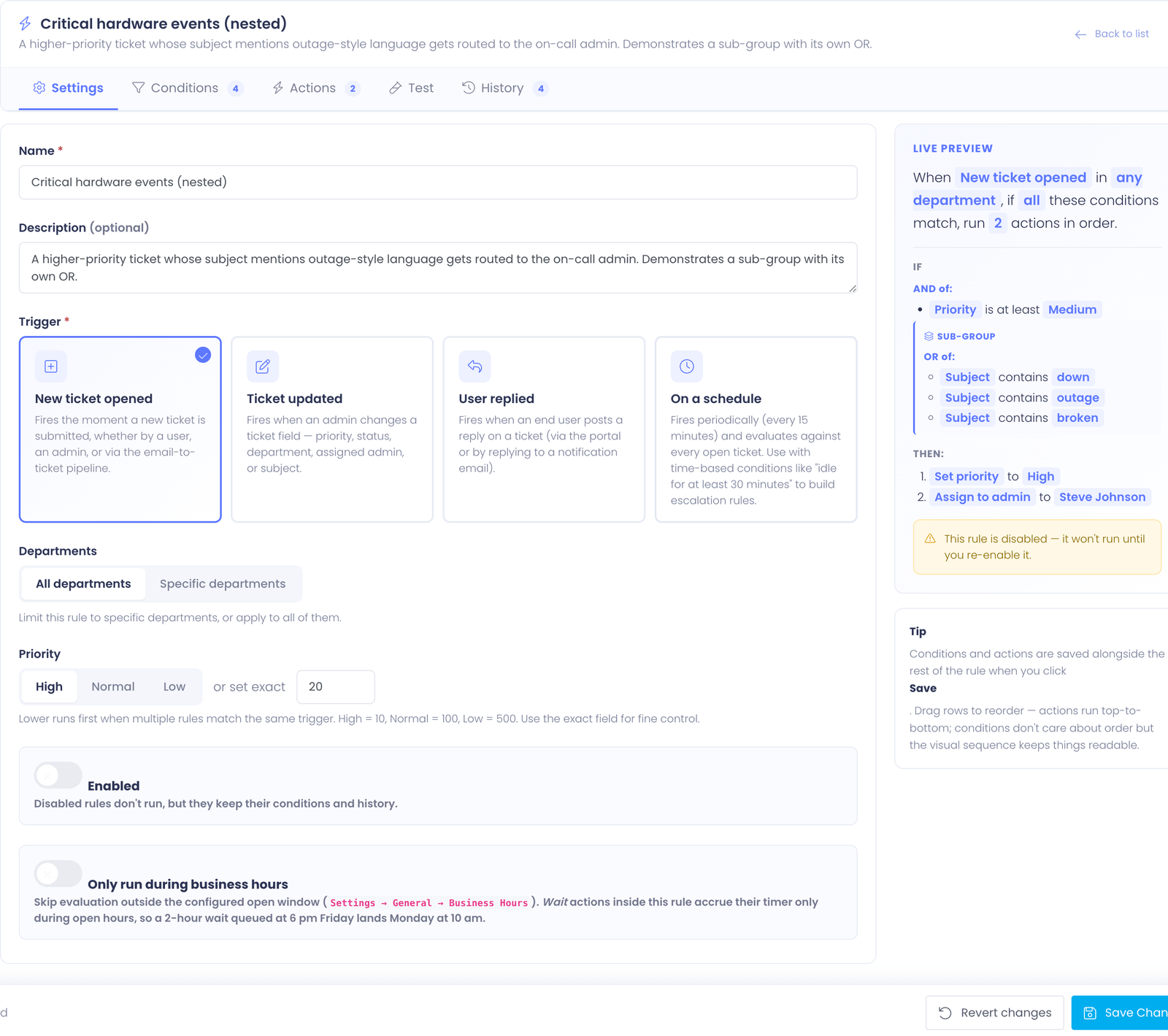The workflow editor with Settings tab active