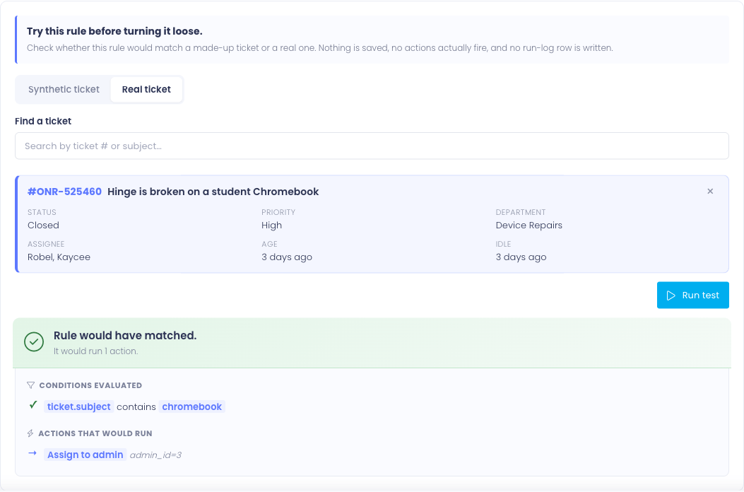 Test tab in Real ticket mode: the selected ticket summary card and the dry-run verdict with the per-condition breakdown