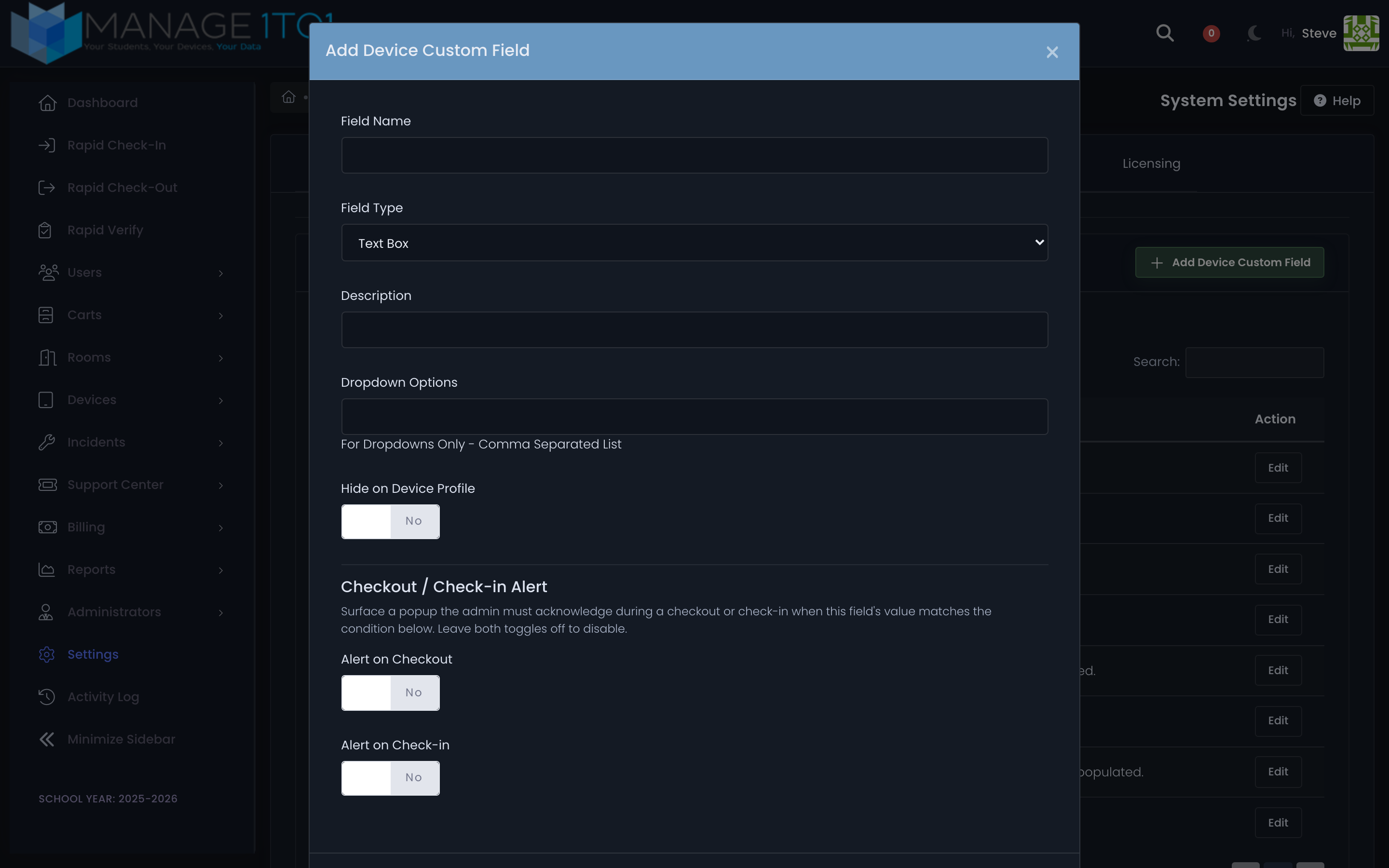 Custom field alert configuration