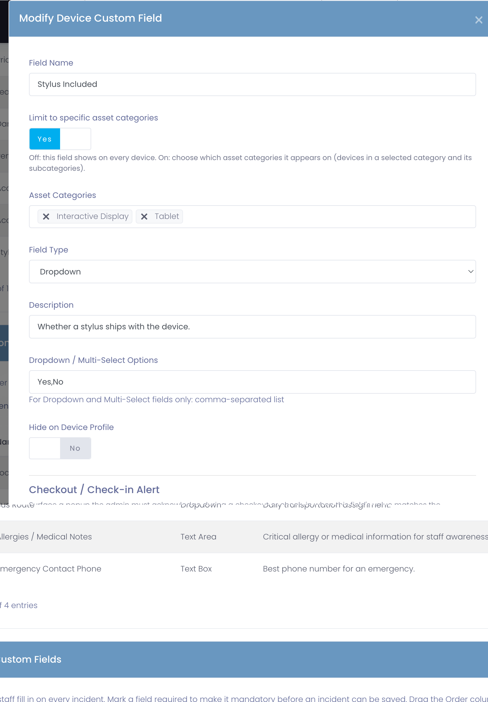 The device custom field editor with the "Limit to specific asset categories" toggle on and an Asset Categories picker