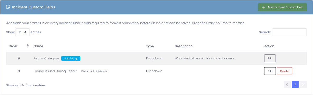 The Incident Custom Fields section of the Custom Fields tab, showing two fields with building-scope badges