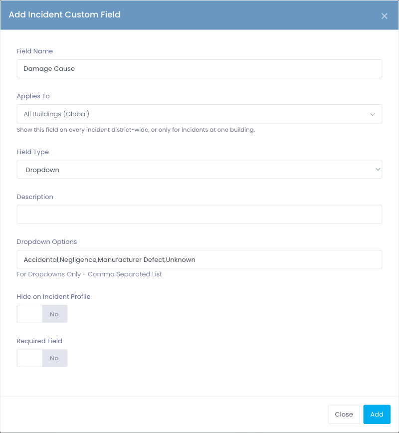 The Add Incident Custom Field form, showing the Applies To and Required options