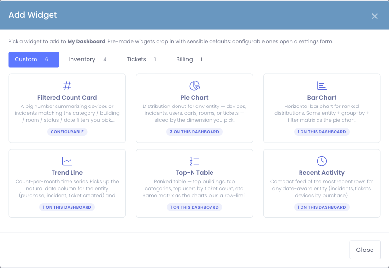 The Add Widget picker showing the Custom and legacy widget categories