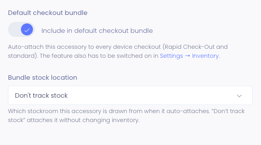 The accessory setting to include an accessory in the default checkout bundle, with the stock-location picker