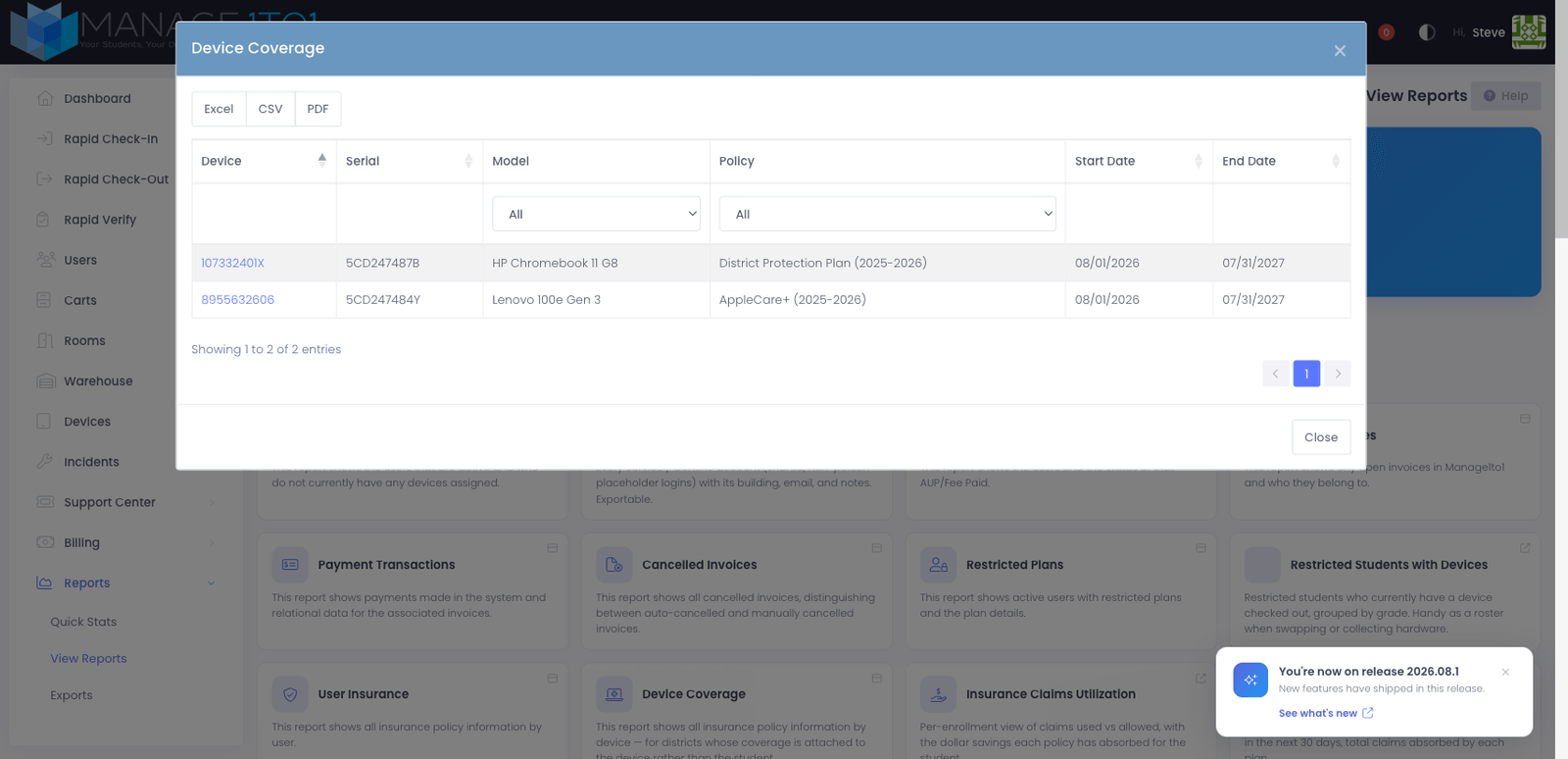 Device Coverage report listing insured devices with asset tag, serial, model, policy, and coverage dates