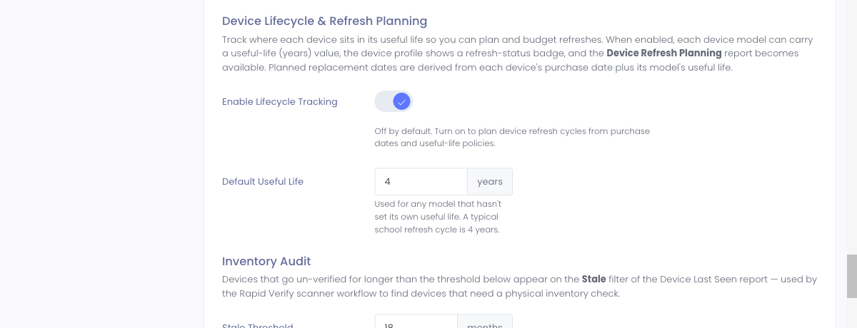 The Device Lifecycle settings section with the enable toggle and a default useful life of four years