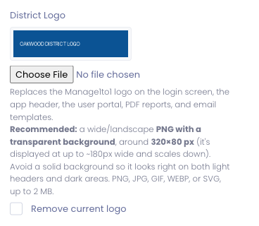 The District Logo field in System Settings, showing the current logo, upload control, and recommendations