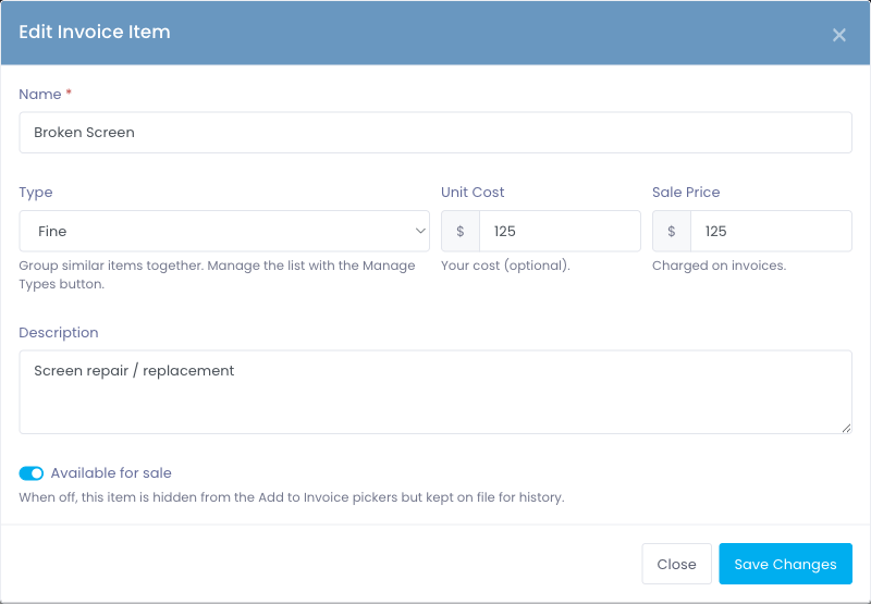 Edit Invoice Item modal showing the Broken Screen item