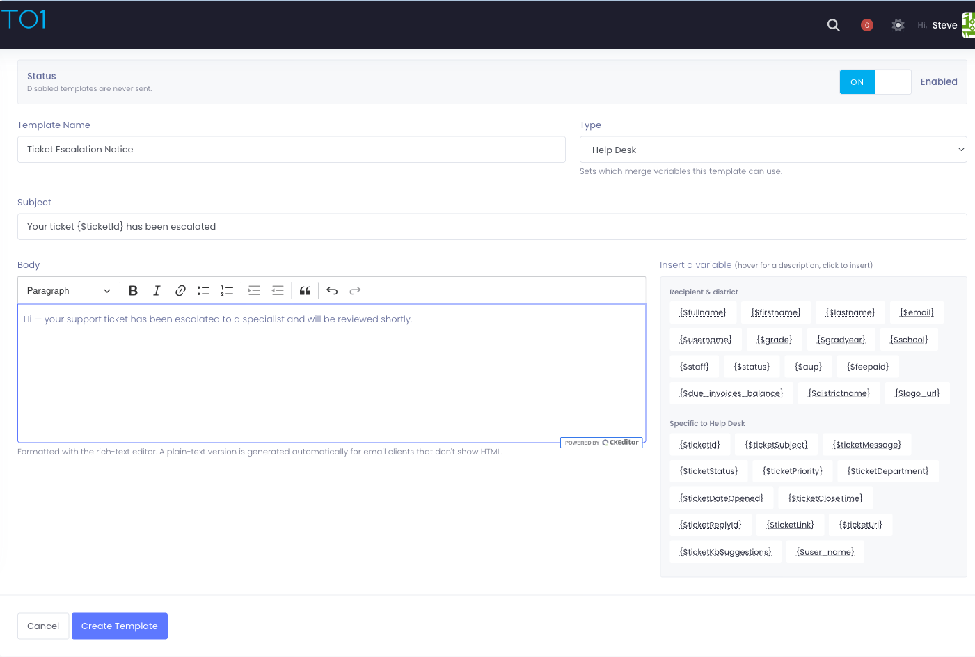 The template editor, showing the Status toggle, Name, Type, Subject, the rich-text body editor, and the merge variables grouped beside it.