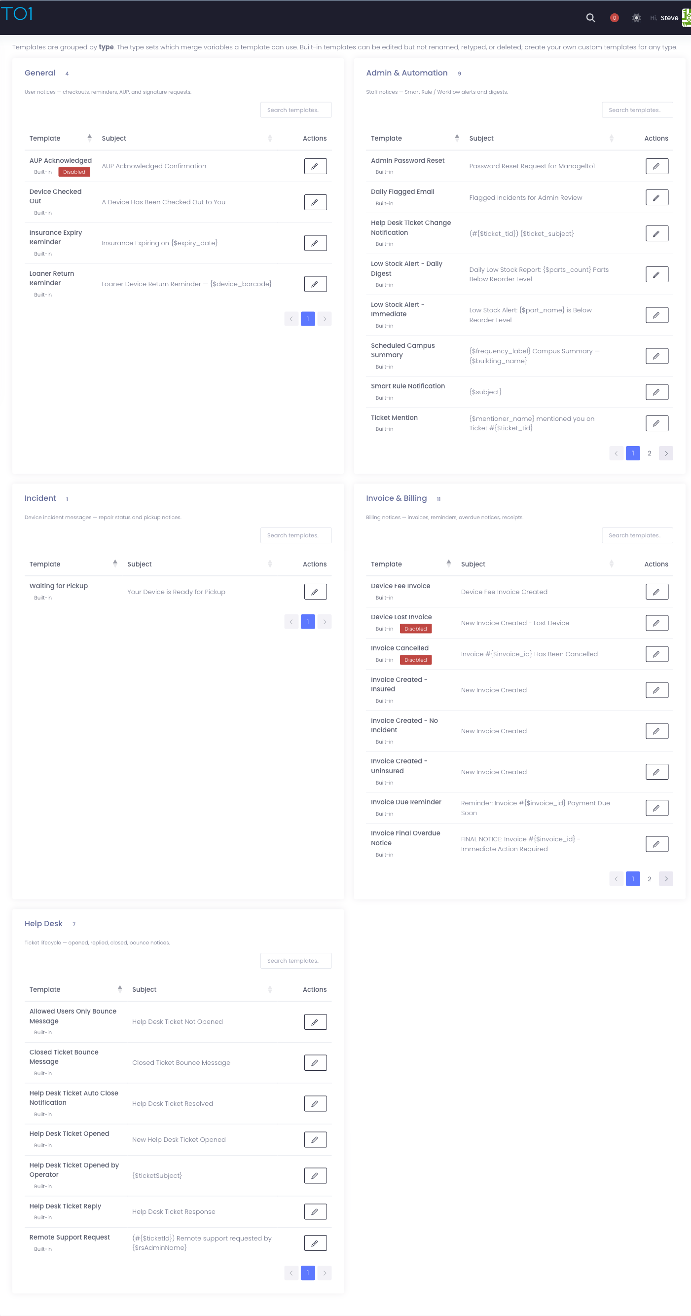 The Email Templates manager, with templates grouped by type and a New Template button.