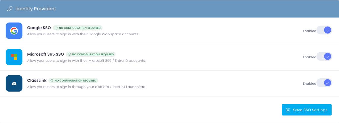 Identity Providers card listing Google, Microsoft, and ClassLink with per-provider Enabled / Disabled toggles