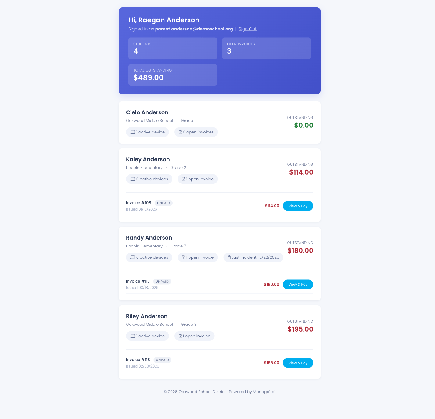 Family dashboard showing four siblings with schools, grades, devices, and an open invoice with View & Pay button on each card