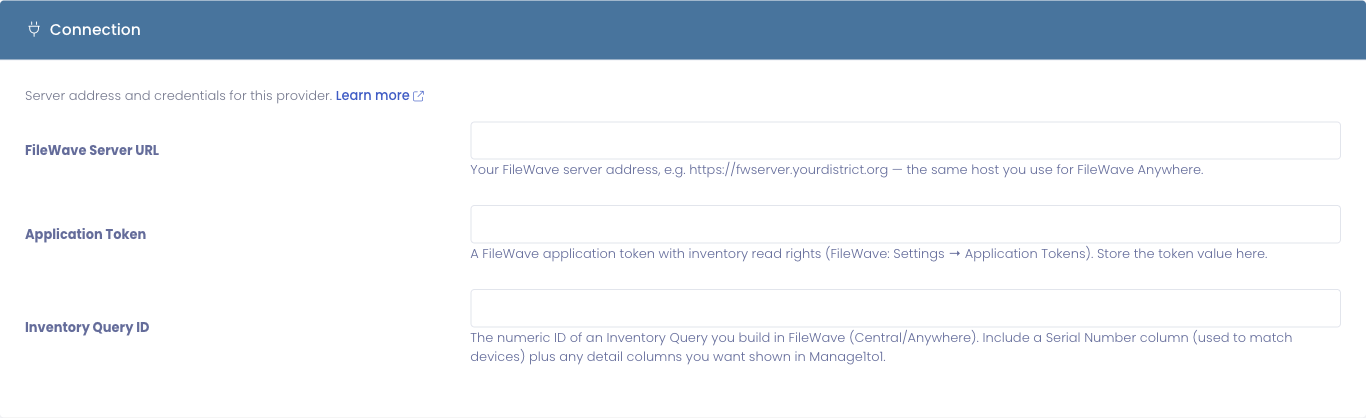 The FileWave connection settings: server URL, application token, and Inventory Query ID
