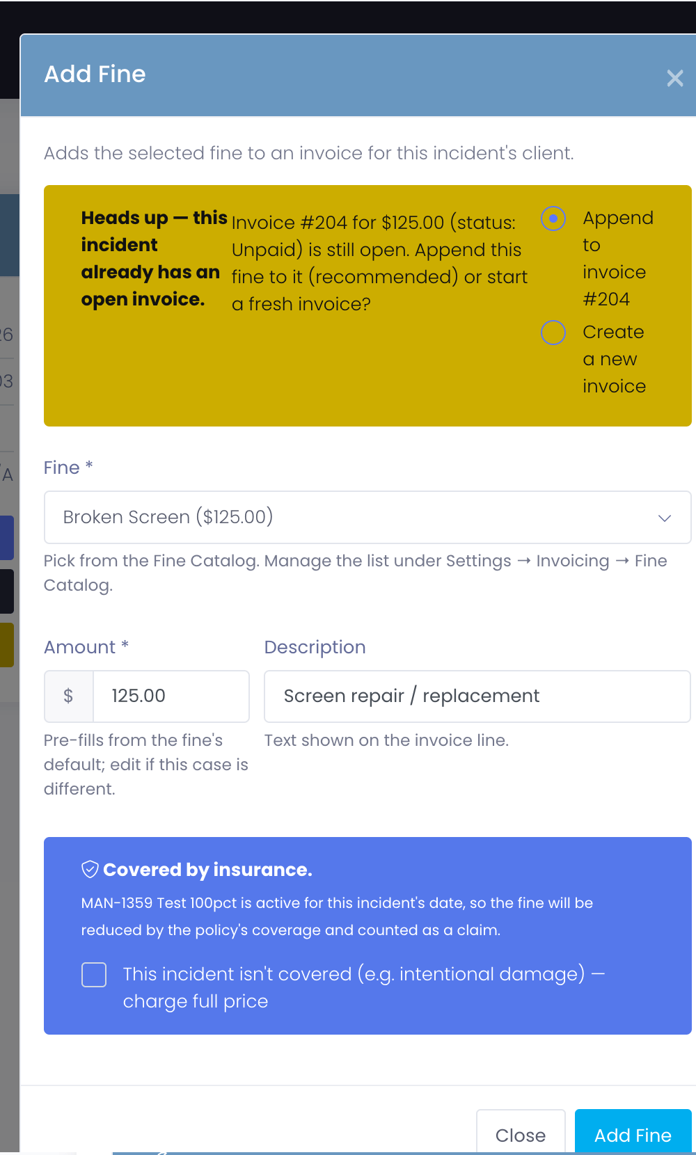 The Add Fine window showing the insurance coverage note and the "not covered" checkbox