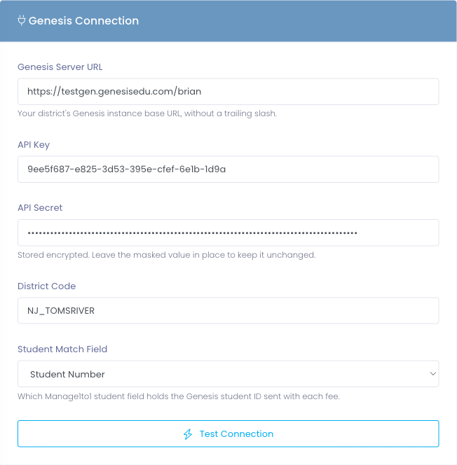 Genesis Connection card with fields for Server URL, API Key, API Secret, District Code, and Student Match Field, above a Test Connection button