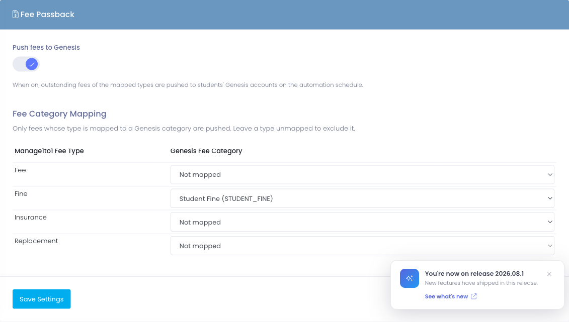 Fee Passback section with the Push fees to Genesis toggle switched on and a Fee Category Mapping table pairing each Manage1to1 fee type with a Genesis category and an Optional checkbox per row