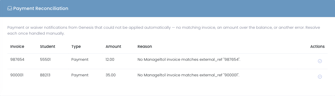 Payment Reconciliation table listing a Genesis payment that could not be matched, with a Mark resolved action