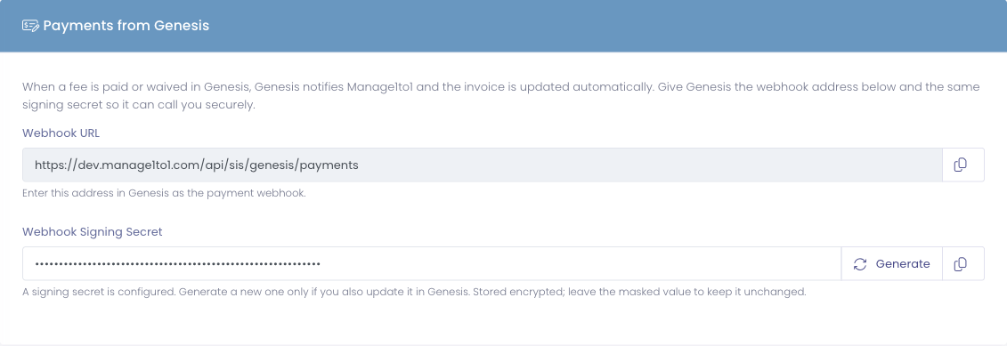 Payments from Genesis section showing the webhook URL to copy and a webhook signing secret with a Generate button