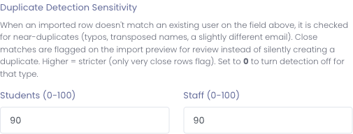 The Duplicate Detection Sensitivity setting, with separate 0 to 100 values for students and staff