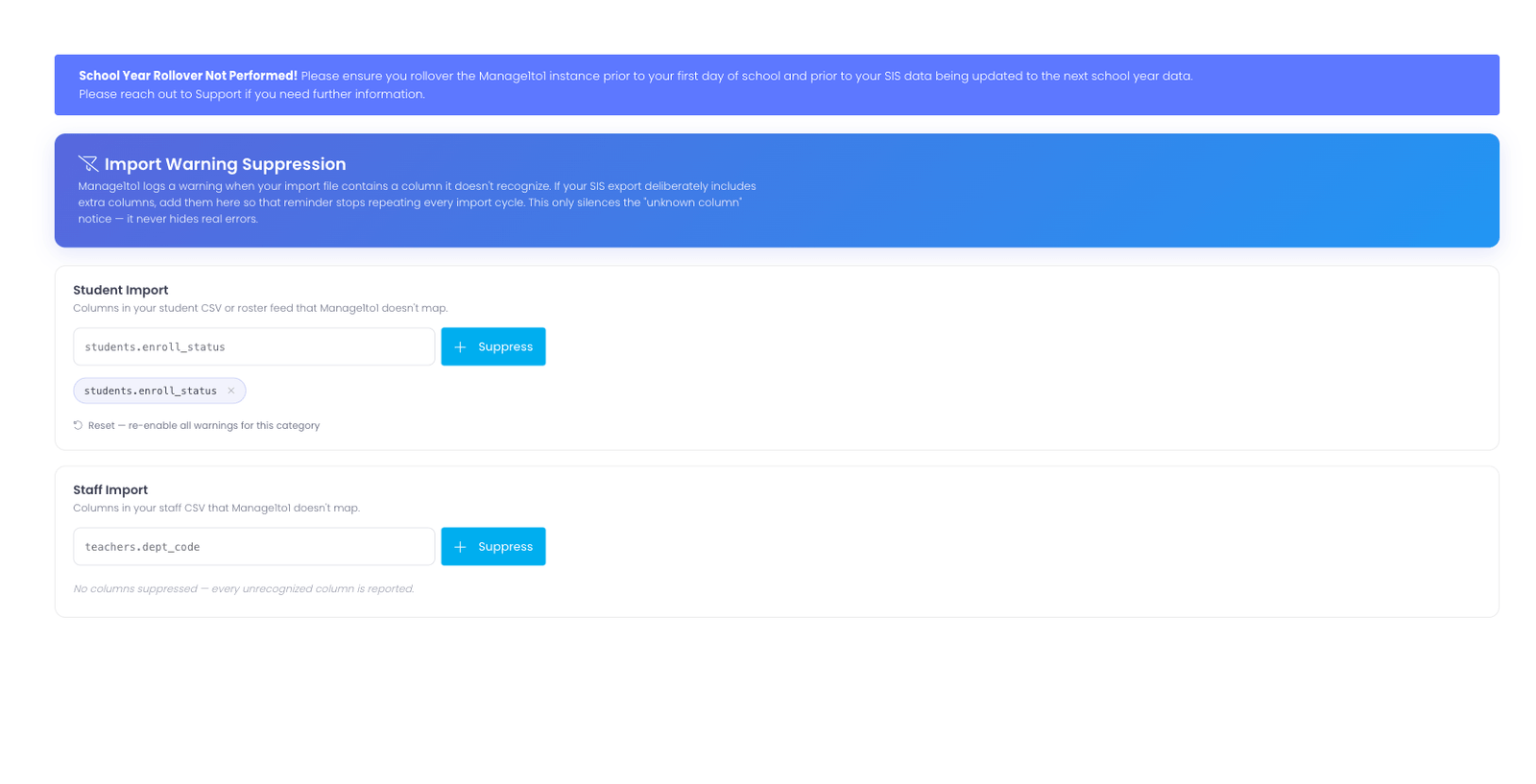 The Import Warning Suppression page with a card for Student Import and Staff Import