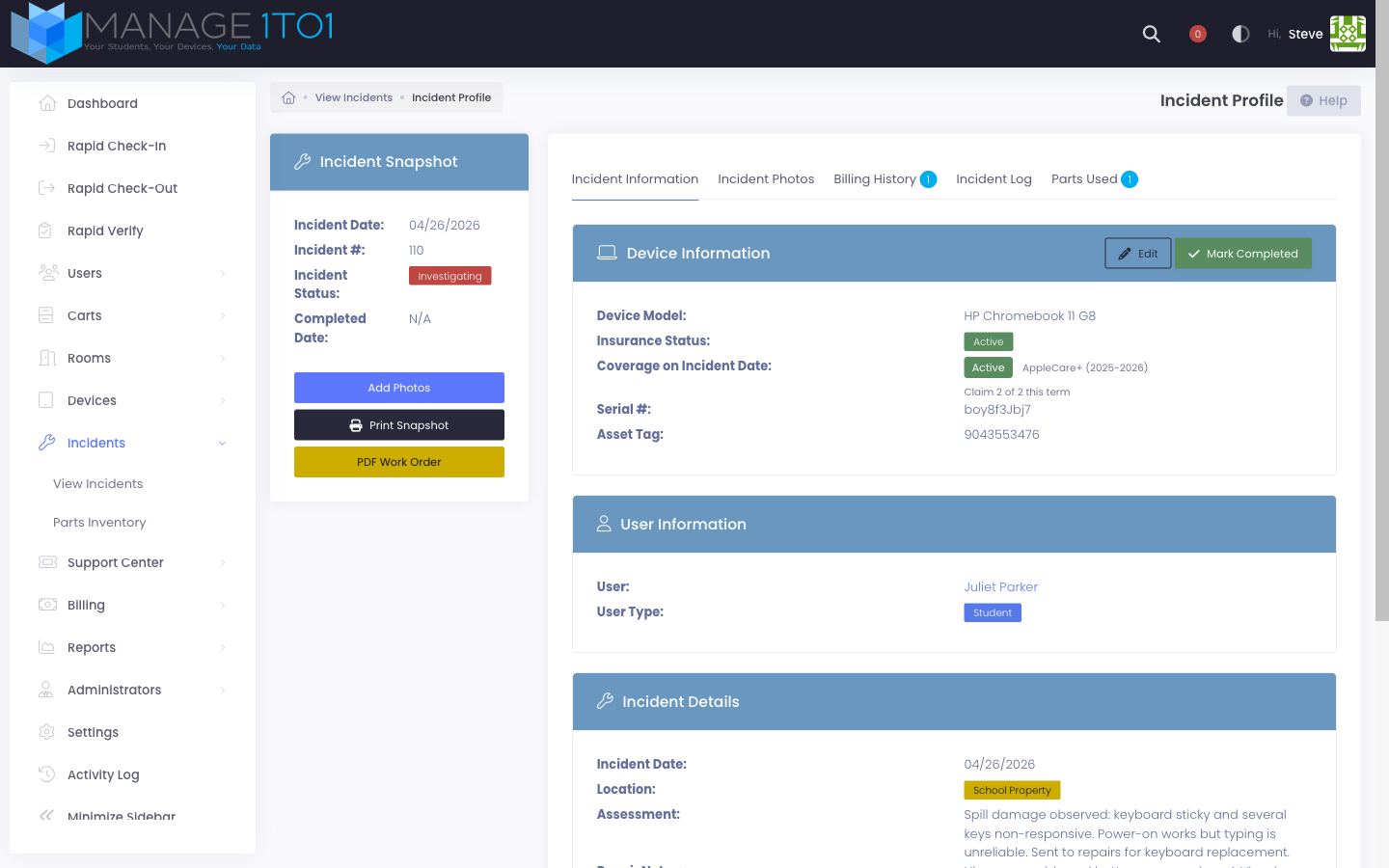 Incident detail page showing the Active coverage badge with the policy name and claim counter