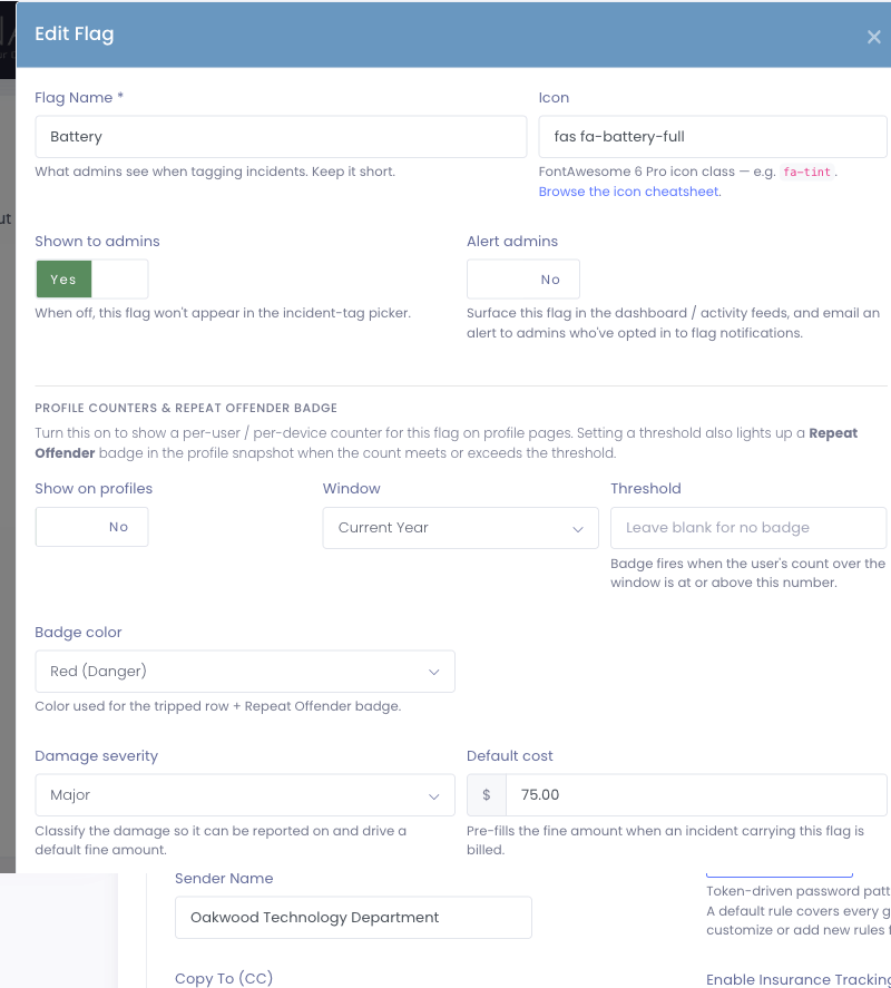 Edit Flag modal showing the new profile-counter and threshold settings on the Physical Damage flag