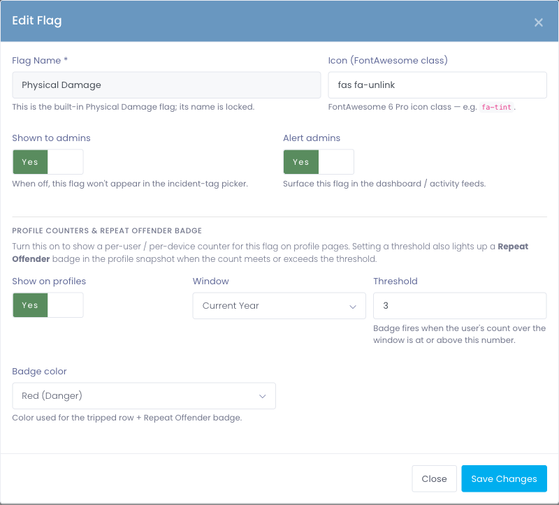 Edit Flag modal showing the new profile-counter and threshold settings on the Physical Damage flag