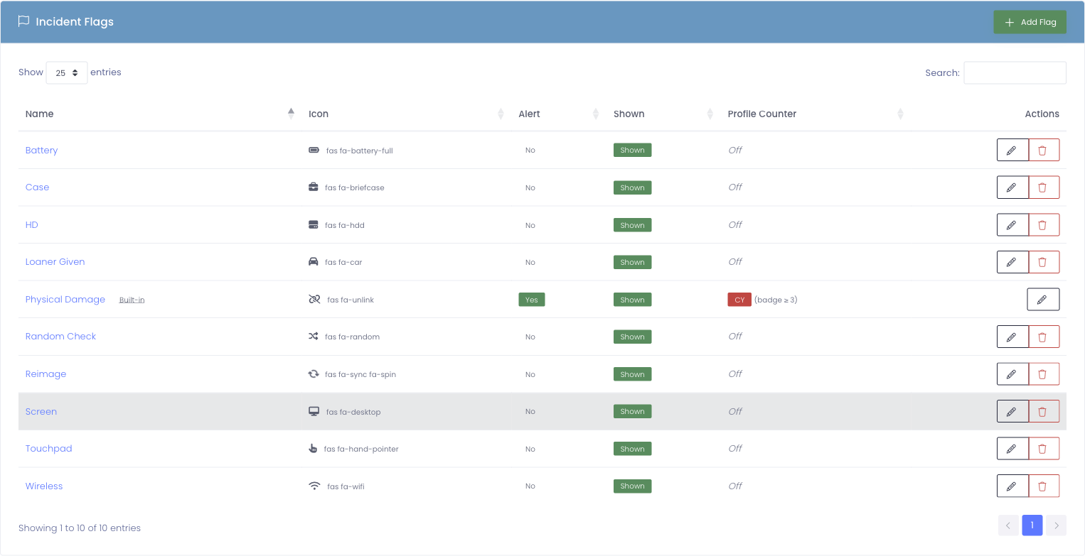 Incident Flags settings table with the Physical Damage flag configured as a profile counter at threshold 3