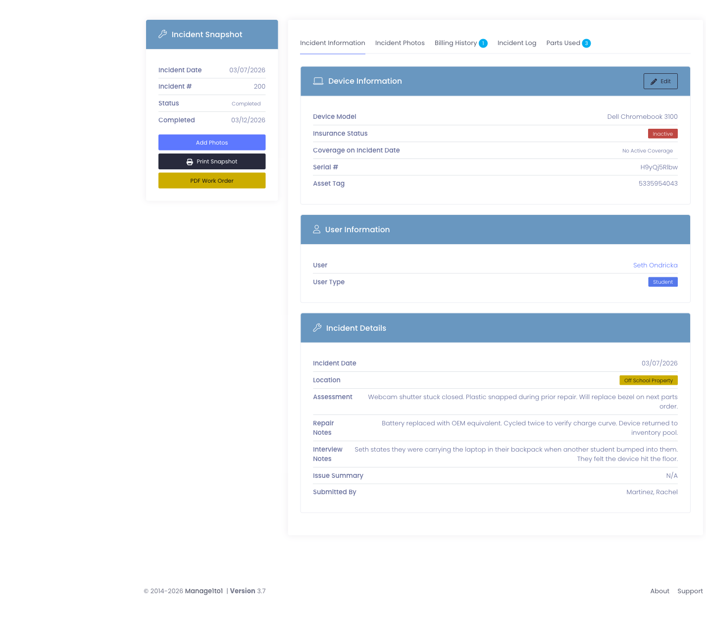 Incident profile: the Incident Snapshot panel on the left and the Incident Information tab on the right