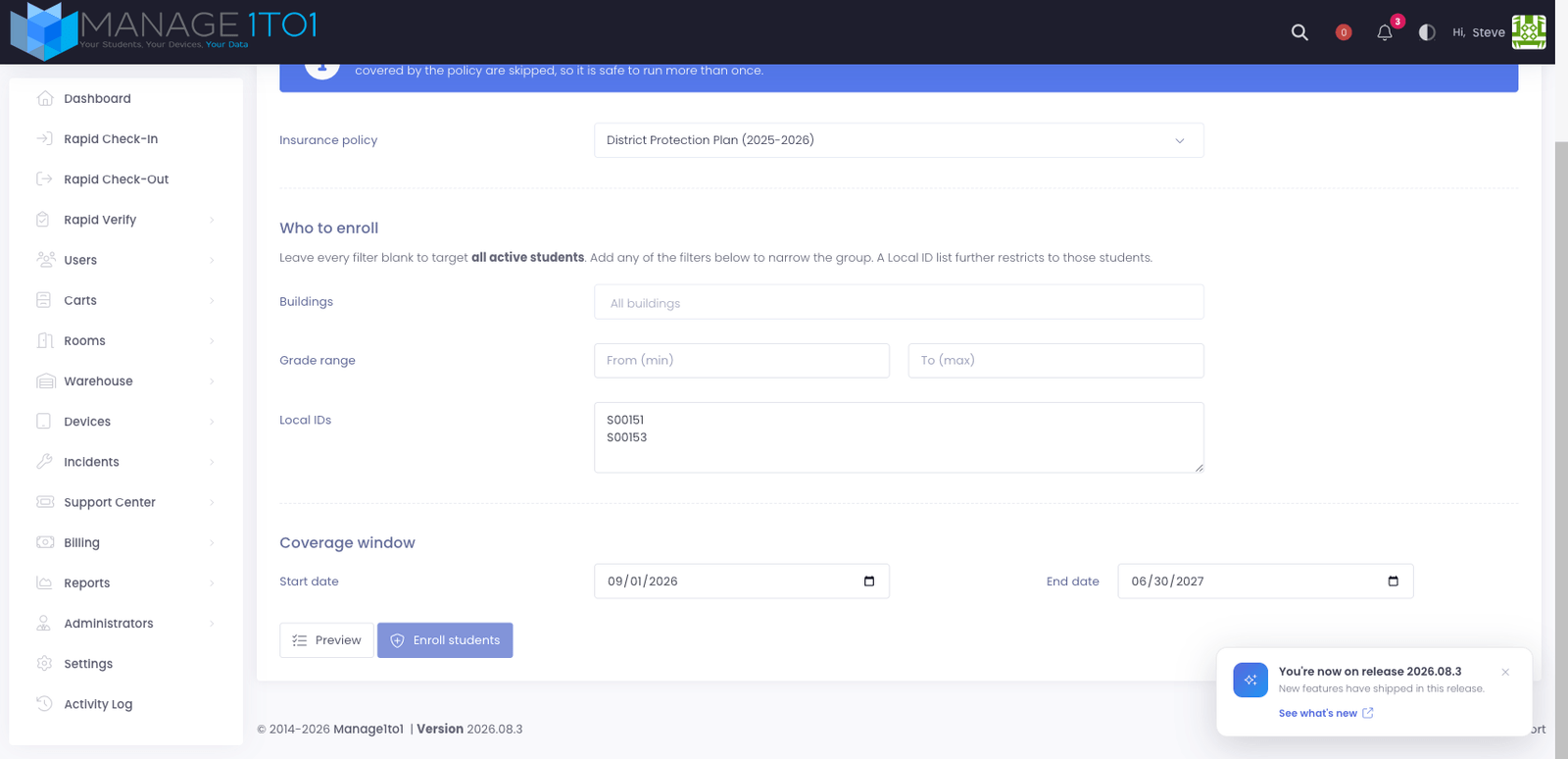 The Bulk Enroll Insurance page: an insurance policy picker, filters for buildings, grade range and Local IDs, a coverage window, and a live preview of how many students will enroll