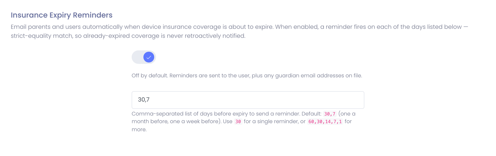 Insurance Expiry Reminders settings block