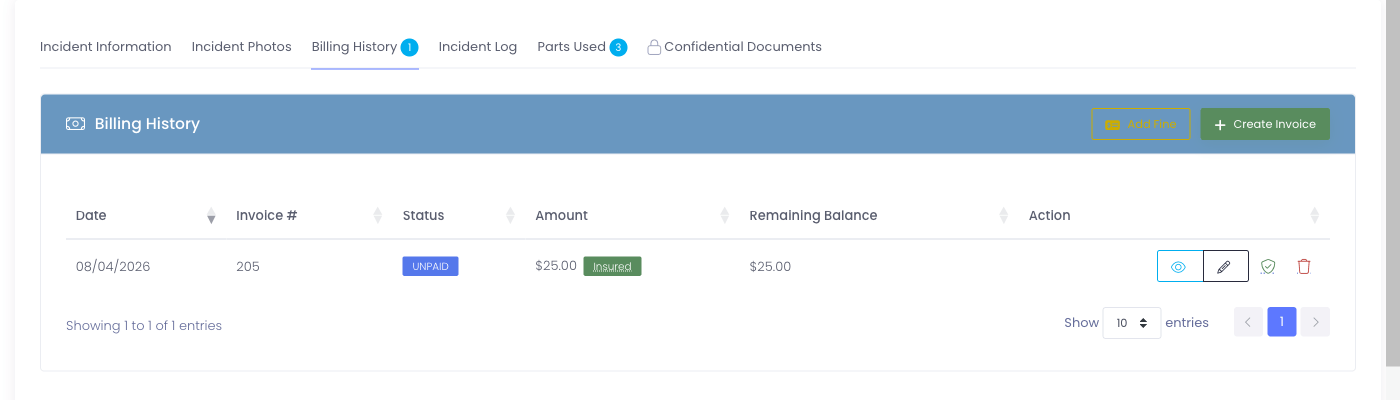 The Billing History row showing the Insured tag and the shield coverage toggle in the Action column