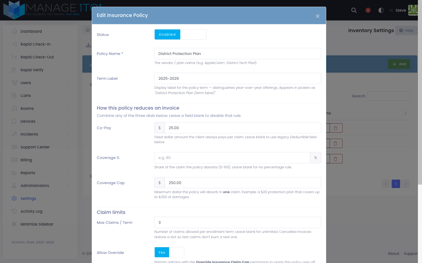 Edit Insurance Policy modal showing the financial dials and claim limits