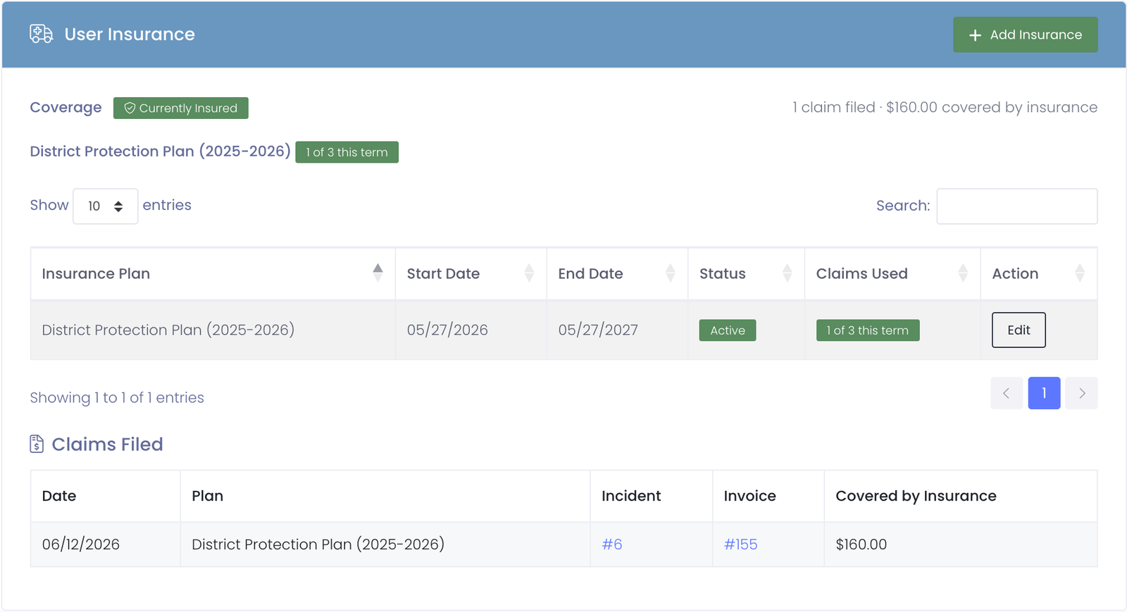 The Insurance tab showing the coverage badge, the plan with claims used, and the Claims Filed list