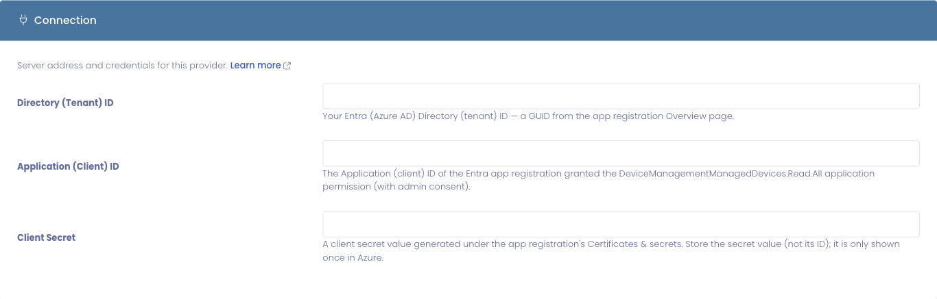 The Microsoft Intune connection settings: Directory (Tenant) ID, Application (Client) ID, and Client Secret