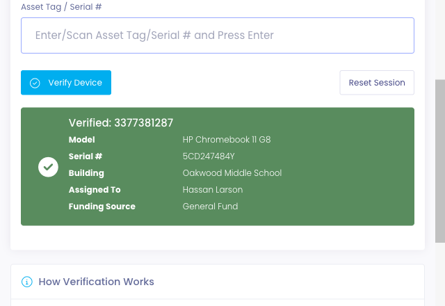 A Rapid Verify scan result showing Funding Source added below the standard device details