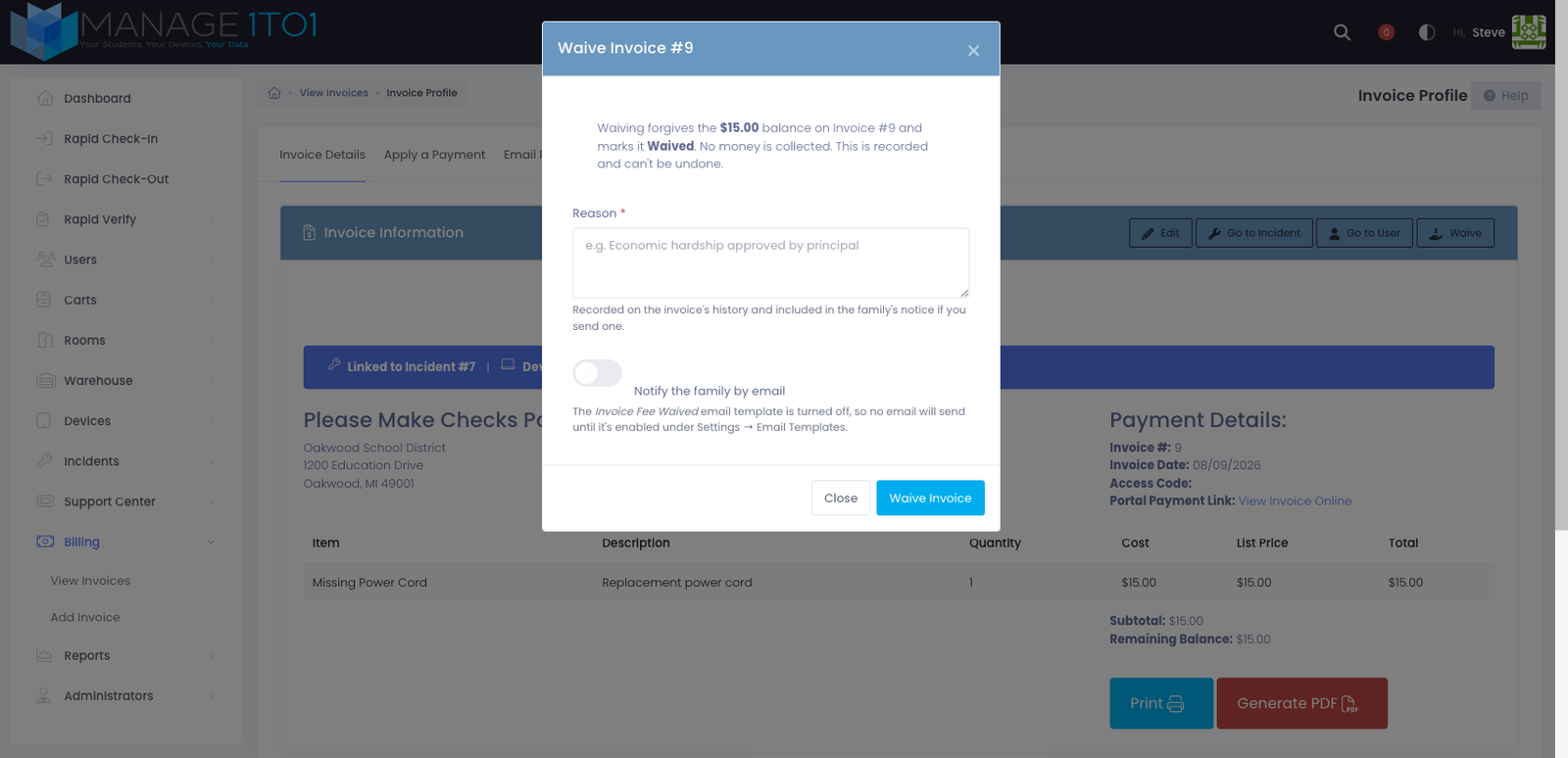 The Waive Invoice dialog showing the balance being forgiven, a reason field, and a Notify the family toggle